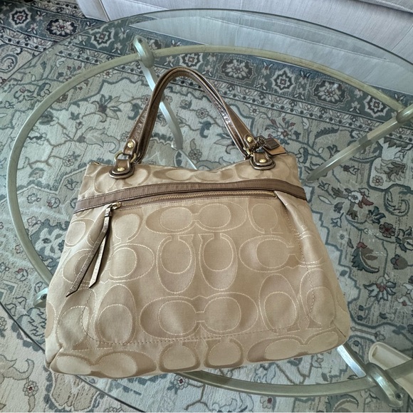 Coach Glam Tote Khaki Metallic Gold Signature C Fabric Bronze Leather Trim - Picture 5 of 16